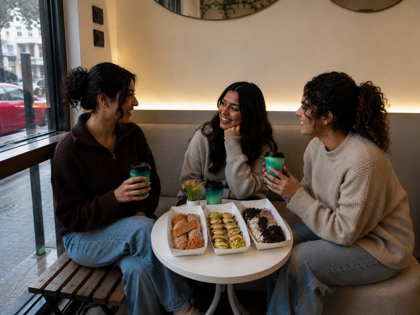 Friends sharing drinks and desserts at Normal&More